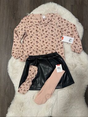 Girls Pink Floral Top Set with Black Faux Leather Skirt